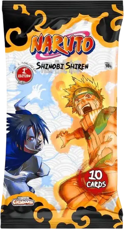 Naruto Mythos TCG Shinobi Shiren 1st Edition Booster Pack mit Naruto im Kyuubi Modus und Sasuke mit Fluchmal